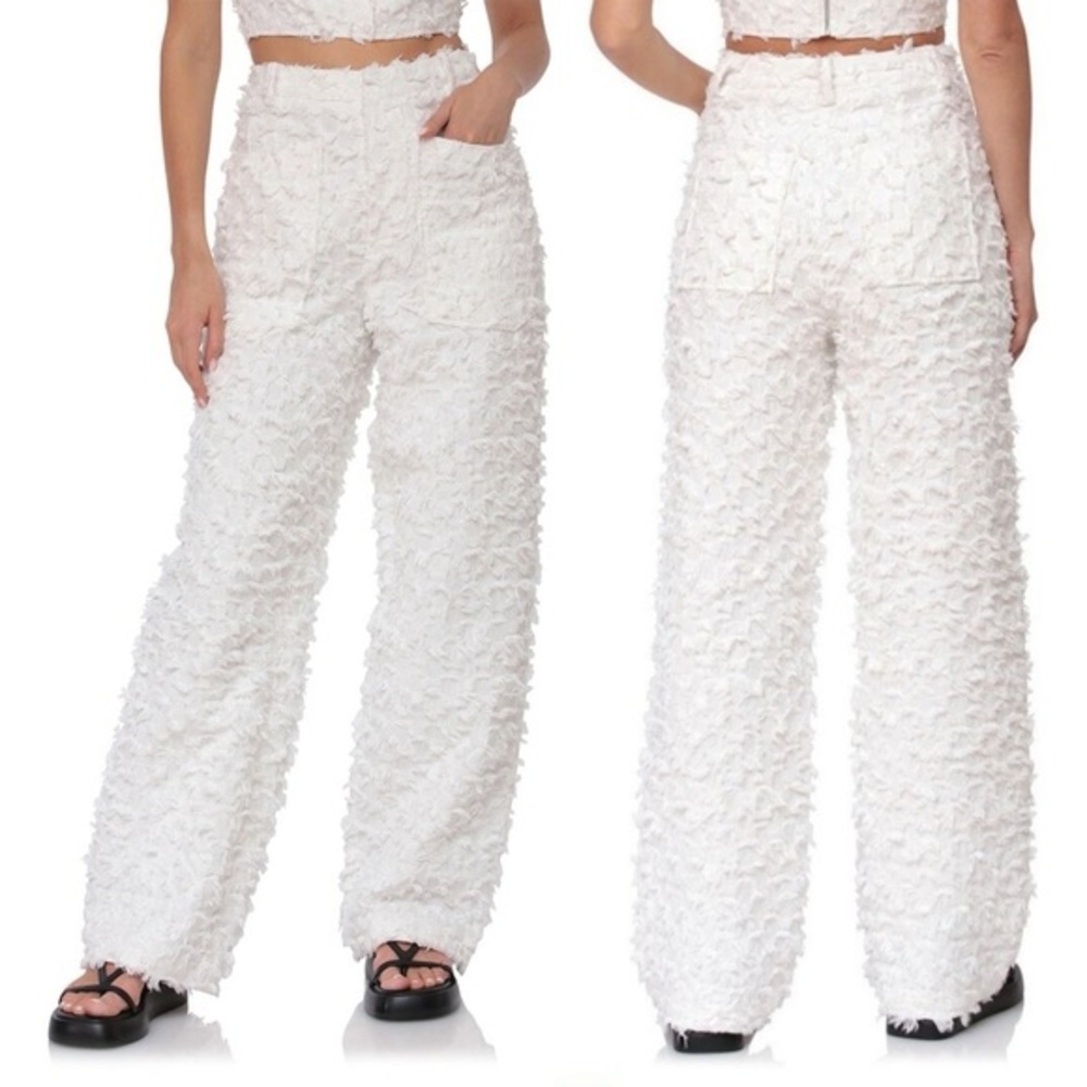 Avec Les Filles White Textured Wide Leg Pants Trapped Bridal Large